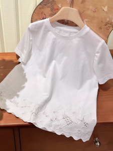 Áo Thun Cotton Trắng Tay Ngắn Cổ Tròn Thường Ngày Mùa Hè Cho Nữ Áo Thun Tay Ngắn Họa Tiết Hoa Ren Khoét Rỗng Giản Dị Thời Trang