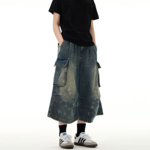 MADWITCH Summer New Multi-Pocket Pleated Workwear Jeans Loose Straight Leg Spot Washed Mid-Length Trousers for Men And Women