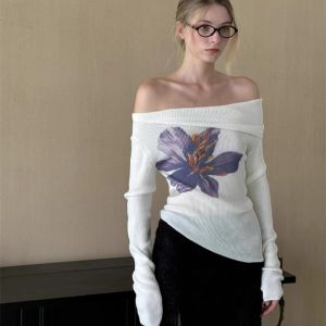 Pang You/American off-Shoulder Print Long Sleeves Sweater Female 2024 Early Autumn New Arrival Asymmetrical Hem Tops