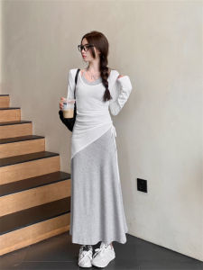 ชุดเดรสคอวีแขนยาวสไตล์เกาหลีสุดเก๋สำหรับผู้หญิง Pure Desire ชุดกระโปรงทรงเอเข้ารูป ชุดแฟชั่นฤดูร้อน ชุดทำงาน