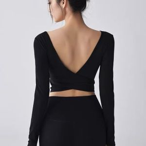 Autumn Winter Cross Back Long Sleeve Womens One-Piece Fixed Cup Slimming Open Back Squared Neck Yoga Outfit