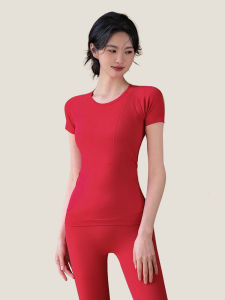 Red Yoga Clothes Womens Summer Sport Top Short Sleeve T-shirt Pilates Training Fitness Outfit Quick Dry Running Yoga Dance