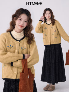 HTmeme Autumn Womens Knitted Sweater round Neck Embroidered Flower Open Cardigan Soft Acrylic Blend Long Sleeve Winter Top