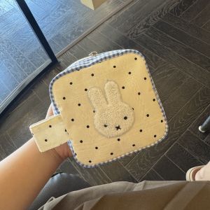 Cute Miffy Blue Checkered Polka Dot Patchwork Cosmetic Storage Bag Cartoon Rabbit Sanitary Napkin Storage Kawaii Gift Toy