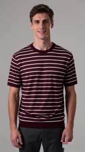 Mens Striped Knit T-Shirt Short Sleeve Crew Neck Burgundy White Striped Tee Casual Basic Top Summer Daily Wear
