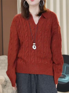 QINGNAER | Casual Loose Red Collar Long Sleeve Knitwear