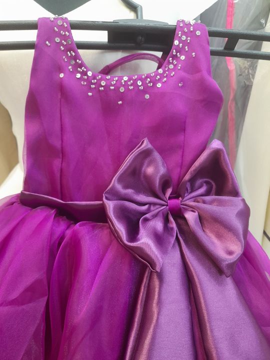 Magenta flower girl dress gown with beaded neckline and large bow ...