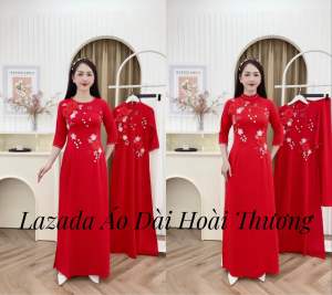 Áo Dài Vải Lụa Mỹ Màu Đỏ Thêu Hoa A2