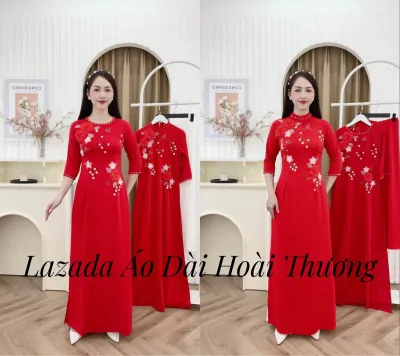 Áo Dài Vải Lụa Mỹ Màu Đỏ Thêu Hoa A2