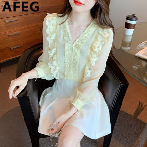 AFEG new Korean version of V-neck fashion loose and versatile temperament chiffon lace long sleeve blouse for women