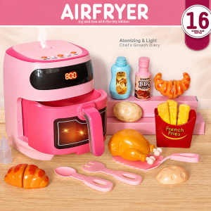 LENCA TOYS Air Fryer Kitchen Set Toy with Light Music Simulated Spray & Play Food for Kids (Pink)