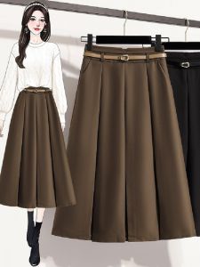 Slimming A-Line Midi Skirt High Waist Maternity Pleated Large Size Womens Business Casual Skirts Korean Style Half-length