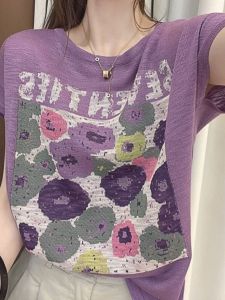 เสื้อยืดแขนสั้นผ้าฝ้ายบางสำหรับผู้หญิงไซส์ใหญ่ ทรงหลวม ปกปิดเนื้อผ้า คอลเลกชั่นฤดูร้อน 2024 เสื้อตัวบนคอกลมลายดอกไม้