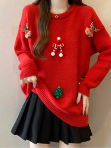 เสื้อสเวตเตอร์ถักแขนยาวทรงหลวมสำหรับผู้หญิงในฤดูหนาว เสื้อสเวตเตอร์ถักลายคริสต์มาสสีแดง ทรงเข้ารูป ขนาดใหญ่ เสื้อผ้าทำงานสไตล์เกาหลี