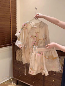 YUFUQING | New Chinese Style Retro Embroidered Button Shirt Set Women Summer Luxury High Waist Shorts Two Piece Set Thin Floral Print