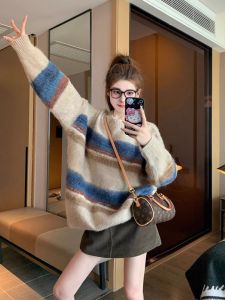 Womens Thickened Stripe Knitwear round Neck Pullover Soft Cashmere Sweater Autumn Winter New Style Loose Fit Warm Fashionable