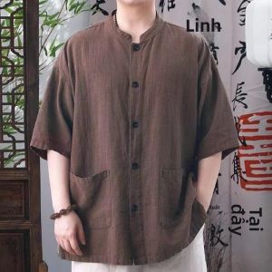 XIBAIYI | Áo Sơ Mi Oversized Kiểu Trung Quốc Cổ Đứng Tay Ngắn 300lb