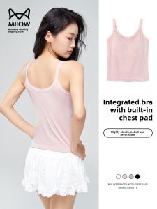 MiiOW | MiiOW Lace Trim Ice Silk Camisole Tank Top Slim Fit Inner Wear Sweet Spicy Girl Summer 2025 Fashion Trend Korean Style Short Sleeve