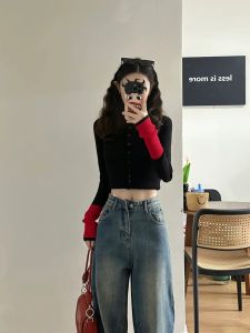 เสื้อคาร์ดิแกนถักคอโปโลแขนยาวทรงเข้ารูปสไตล์เกาหลีสำหรับผู้หญิงในช่วงต้นฤดูใบไม้ร่วง เสื้อเชิ้ตถักแบบลำลองสำหรับใส่ทำงาน