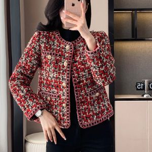 Áo Khoác Len Dày Màu Đỏ Cho Nữ Thu Đông Cỡ Lớn Áo Len Kẻ Caro Cổ Tròn Tay Dài Thường Ngày Chất Liệu Khác Áo Khoác Ngoài