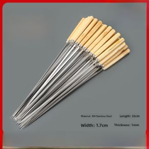 Stainless Steel BBQ Skewers with Wooden Handle Flat Kebab Stick for Barbecue Sheep Meat Iron Shaft Special Tool for Grilling