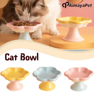 AIMAYAPET Ceramic Raised Cat Bowl Flower Design Cat Food Bowl Water Plate Snack Dish With Stand for Neck Protection