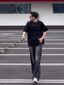 Retro American Gradient Washed Grey Black Mens Jeans Straight Leg Casual Flared Pants Street Style Youth Fashion Casual Wear