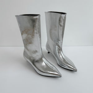 รองเท้าบู๊ตหัวแหลมหนังแท้สไตล์วิสโคสสีแดงเข้ม ทรงสั้น ดีไซน์เรียบง่าย ส้นสูงปานกลาง สำหรับผู้หญิง ฤดูใบไม้ร่วง 2024