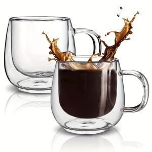 2 Pack Glass Coffee Mugs - Double Wall Insulated Mug Set with Handle Tea Latte Cappuccino Cup for Latte Macchiato Americano