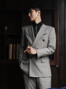 Gray Double-Breasted Mens Wedding Suit Set Luxury Business Formal Coat Jacket Casual Loose Fit Polyester No Ironing Needed