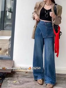 กางเกงยีนส์ทรงตรงหลวมๆ สำหรับผู้หญิงไซส์ใหญ่ กางเกงขายาวทรงหลวมๆ ทรงเอวสูง ทรงหลวมๆ สำหรับฤดูใบไม้ผลิและฤดูใบไม้ร่วง