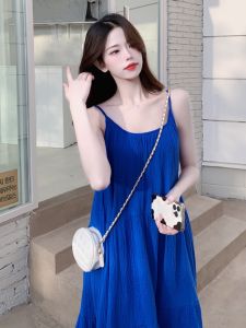 Váy Dài Không Tay Màu Xanh Klein Rộng Rãi Kiểu Pháp Cho Nữ Mùa Hè Váy Đi Biển Phong Cách Mùa Hè Không Dây Bằng Vải Cotton