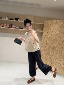 YINGKETUO | Chinese Collar Embroidered Shirt Leisure Ruffle Pants Set