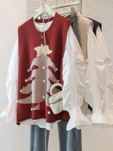 Christmas Red Knitted Vest Womens 2025 New Autumn plus Size Slimming Layering Sweater Vest Top round Neck Pure Color Commute