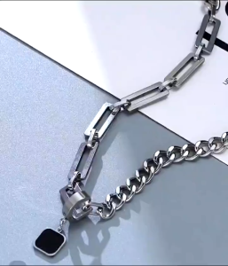 kalung titanium pria wanita rantai baja kombinasi liontin kotak permata