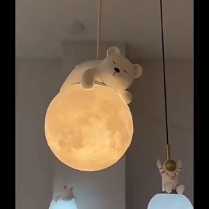 Đèn ngủ cho bé hình gấu ôm mặt trăng tròn màu trắng sứ Đèn treo thả tab đầu giường phòng ngủ cho trẻ em hình mặt trăng 3D Đèn LED 5W 3 chế độ bật tắt công tắc ánh sáng không chập chờn an toàn cho mắt - Combosett
