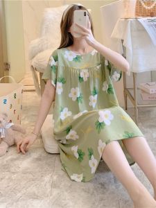 Lightweight Cotton Silk Sleep Dress Short Sleeve Home Skirt Womens Summer Fashionable Print Comfortable Breathable Nightgown