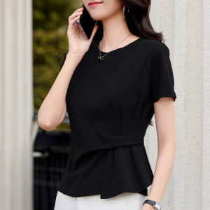 Irregular Hem Short Sleeve Tshirt Concealing Shoulder Fitting Stylish