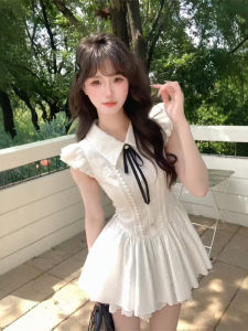 French Gentle Style White Puffy Sleeve Waist Cinched Summer Sweet Spicy Girl First Love Princess Fluffy Short Dress for Women