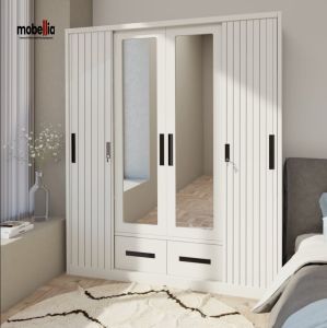 lemari besi 4 pintu geser putih minimalis.
