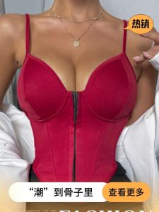 เสื้อกั๊กสายเดี่ยวสำหรับผู้หญิง ทรงเข้ารูป คล้องไหล่ ด้านหน้ามีซิป กระชับสัดส่วน เซ็กซี่ แฟชั่นสตรีท แขนกุด คอวี โพลีเอสเตอร์