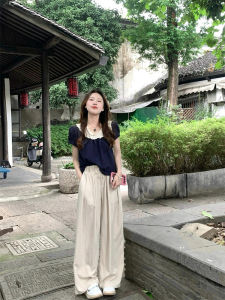 Korean High-End Fashion Casual Sportswear Set Women Summer Shirt Top Wide Leg Pants Slimming Two-Piece Set Cotton Material