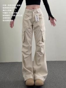 กางเกงขายาวทรงหลวมสไตล์อเมริกันสำหรับผู้หญิง กางเกงขายาวทรงตรงแบบมีกระเป๋า กางเกงขายาวทรงหลวมสำหรับใส่ไปทำงานในฤดูใบไม้ผลิ