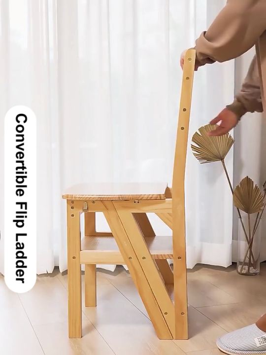 Bamboo Ladder Chair Stool Wood/Brown 2in1 Function Foldable