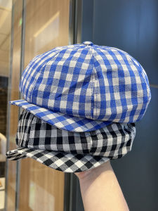 Cotton Linen Octagonal Hat Women Large Head Size Versatile Beret Wide Brim Face Slimming Plaid Pattern Daily Wear Summer Hat