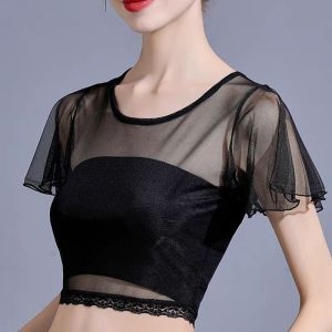 Ice Silk Mesh Halter Neck Short Sleeve Base Shirt Women Summer Slim Fit T-Shirt Inner Wear Base Layer Top Ladylike Style