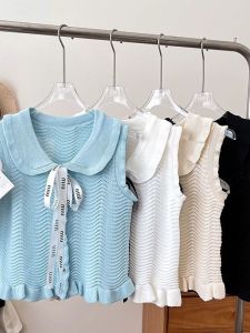 Áo Len Dệt Kim Không Tay Cổ Búp Bê Thắt Nút Một Nút Ren Mùa Hè Cho Nữ Áo Len Cardigan Cổ Chữ V Tay Ngắn Dáng Ôm Vừa Vặn