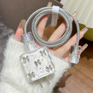 Clear Shining Cherry Bowknot Charger Head Protective Case For iPhone 17 16 18W 20W Charging Cable Protector Cover Organiser Kit