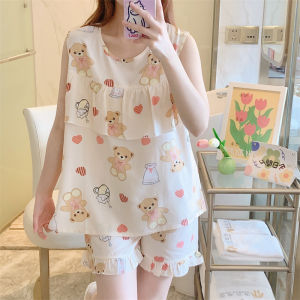 Ultra-Thin Cotton Silk Sleepwear for Women Summer Anti-Bulge Vest Shorts Sleeveless Home Clothes Student Sweet Style Printed