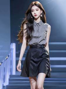 Stylish Elegant Womens Summer Sleeveless Top And Short Skirt Two-Piece Set Beautiful Fashion Design Polyester Fiber Online Exclusive